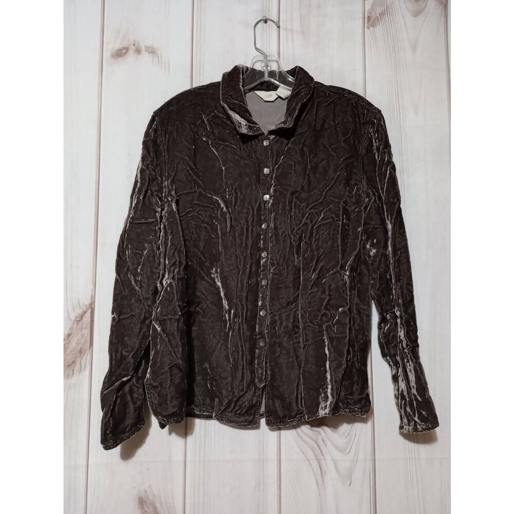 J Jill Shirt Ladies‎ Large Brown Crushed Velour Button Front Long Sleeve